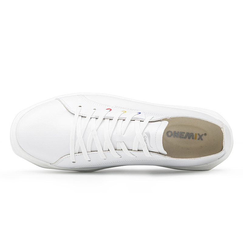 White Lightweight Leather Sneakers ONEMIX Unisex Lace-up Skate Shoes - Click Image to Close