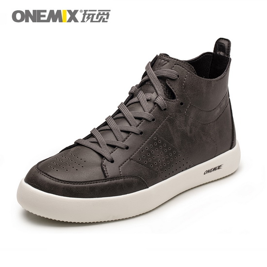 Grey Leather Oxfords Sneakers ONEMIX Men's High Top Shoes