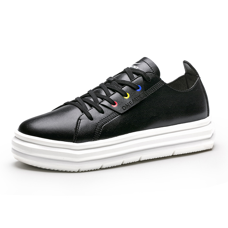 Black Soft Leather Sneakers ONEMIX Unisex Lace-up Outdoor Shoes - Click Image to Close