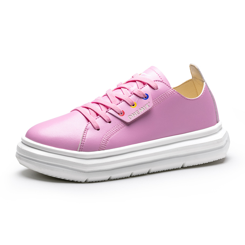 Pink Soft Leather Sneakers ONEMIX Women's Lace-up Walking Shoes - Click Image to Close