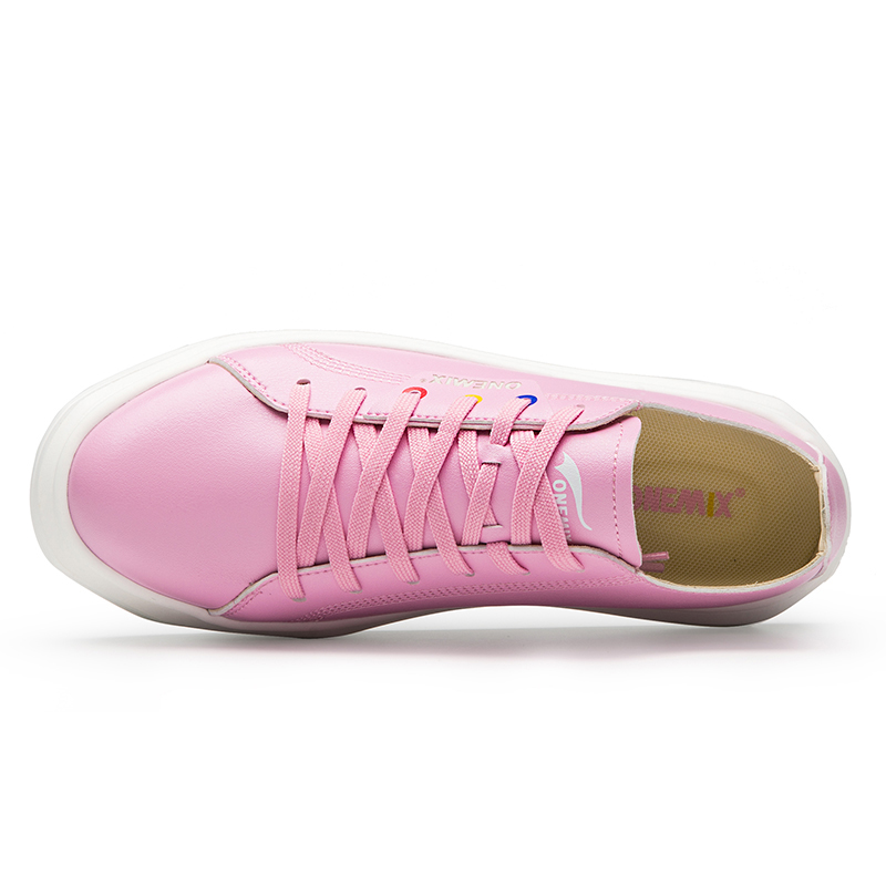 Pink Soft Leather Sneakers ONEMIX Women's Lace-up Walking Shoes - Click Image to Close