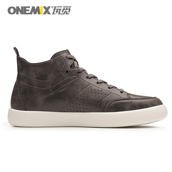 Grey Leather Oxfords Sneakers ONEMIX Men's High Top Shoes - Click Image to Close