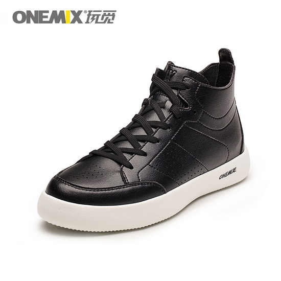 Black Leather Women's Shoes ONEMIX Men's High Top Sneakers - Click Image to Close