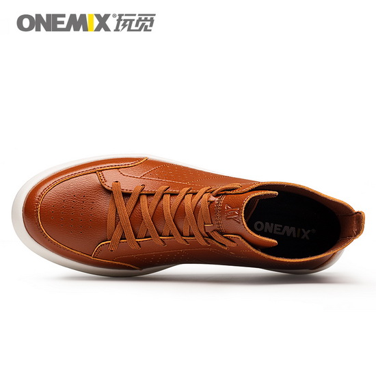 Brown Leather Men's Sneakers ONEMIX Classic High Top Shoes - Click Image to Close