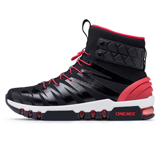 Black/Red High Top Sneakers ONEMIX October Men's Athletic Shoes - Click Image to Close