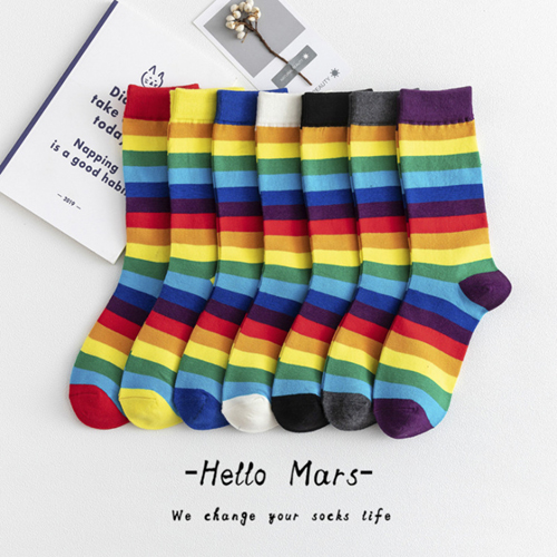 Rainbow Striped Cotton Elasticity Women's Long Socks 7-pairs - Click Image to Close